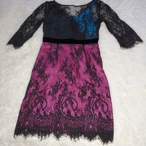 Tracy Reese New York Dress Hot Pink Electric Blue Black Lace Overlay Size 0